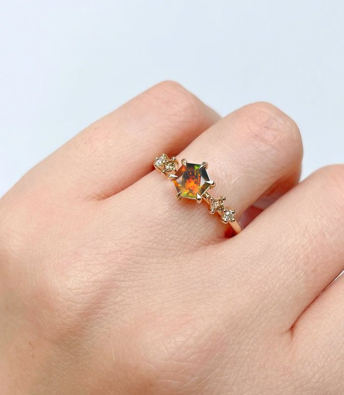 Hexagon Shape 6 MM Natural Black Opal Designer Ring - Goodstone Jewels