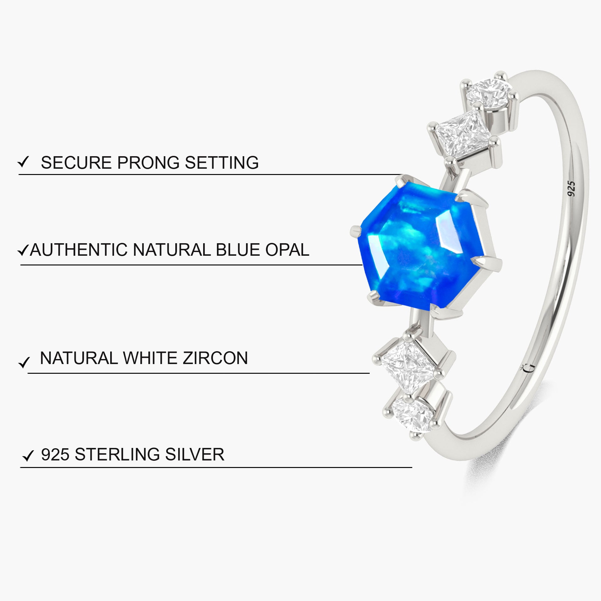 Hexagon Shape 6 MM Natural Blue Opal Designer Ring - Goodstone Jewels
