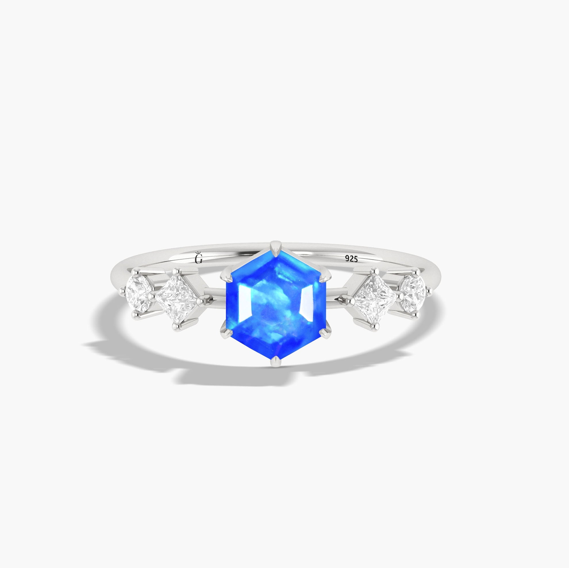 Hexagon Shape 6 MM Natural Blue Opal Designer Ring - Goodstone Jewels