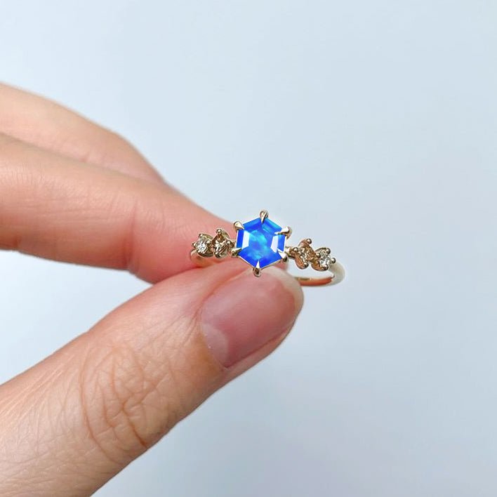 Hexagon Shape 6 MM Natural Blue Opal Designer Ring - Goodstone Jewels