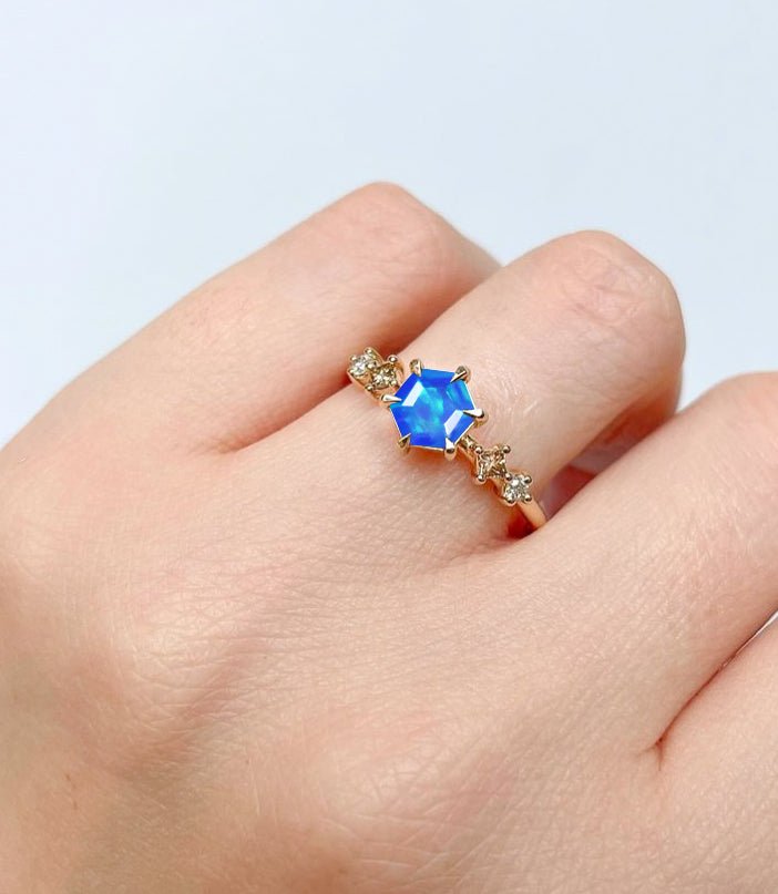 Hexagon Shape 6 MM Natural Blue Opal Designer Ring - Goodstone Jewels