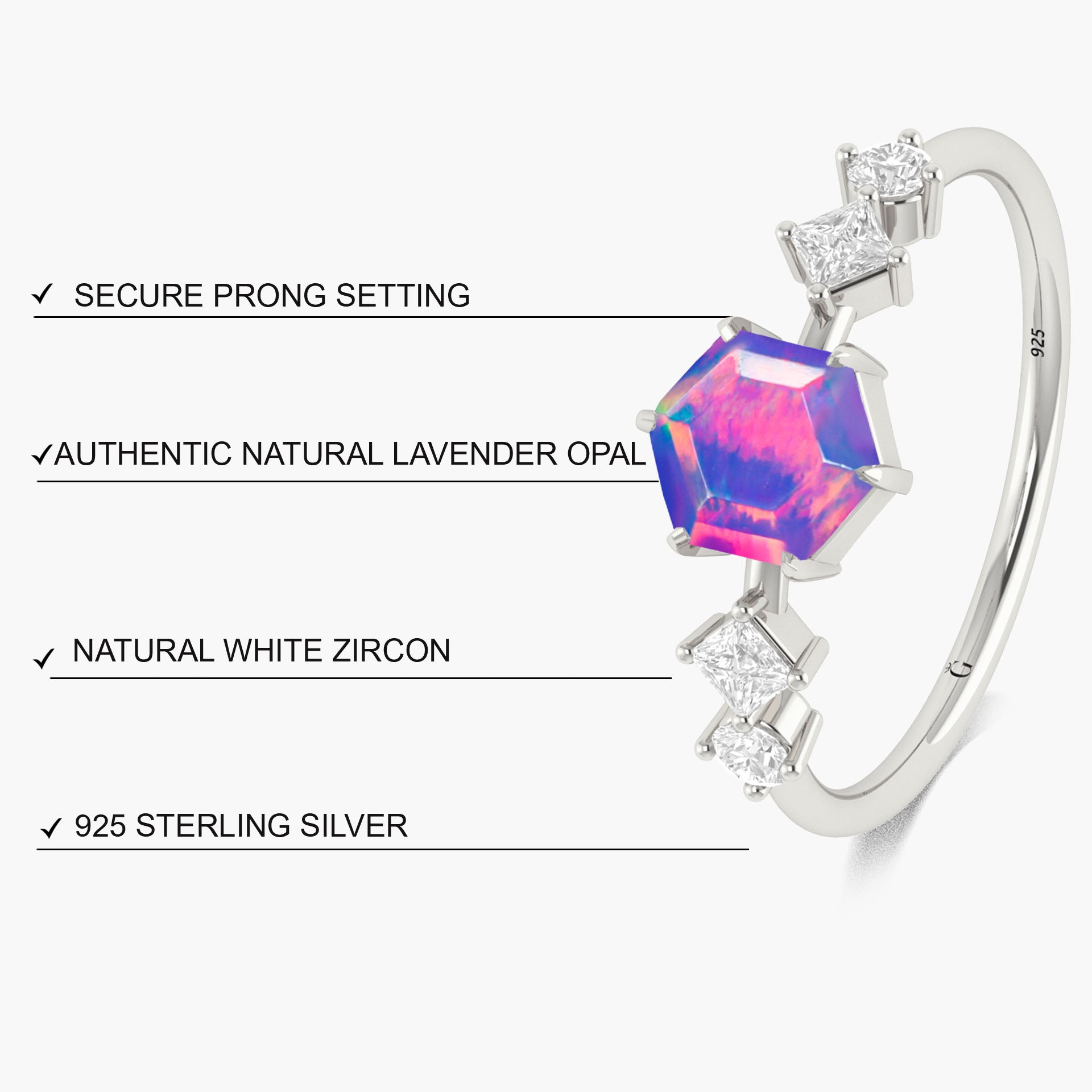 Hexagon Shape 6 MM Natural Lavender Opal Designer Ring - Goodstone Jewels