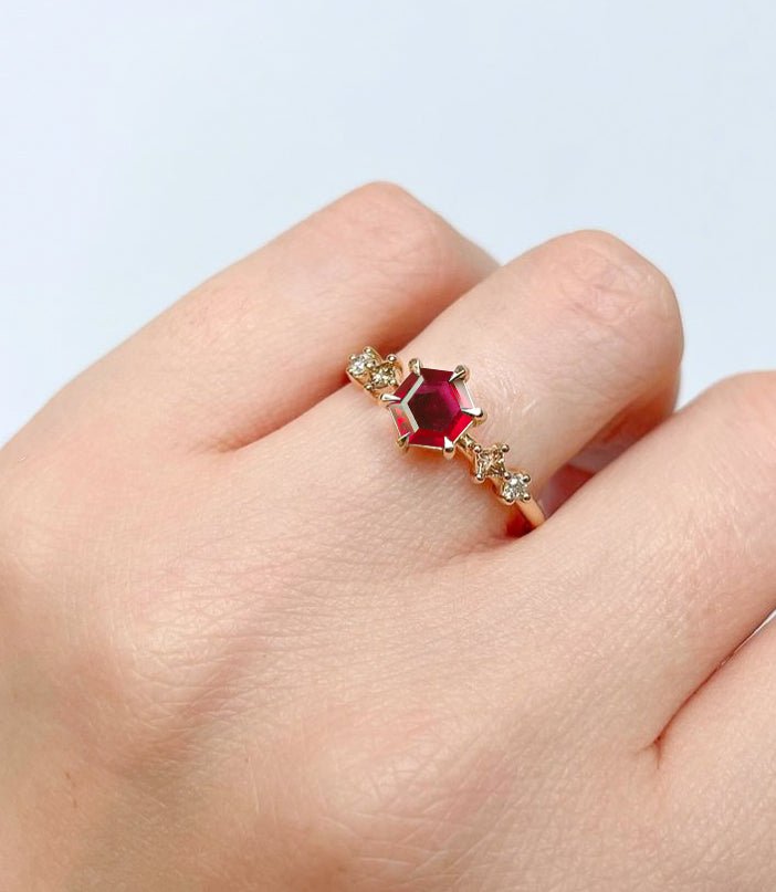 Hexagon Shape 6 MM Natural Ruby Designer Ring - Goodstone Jewels