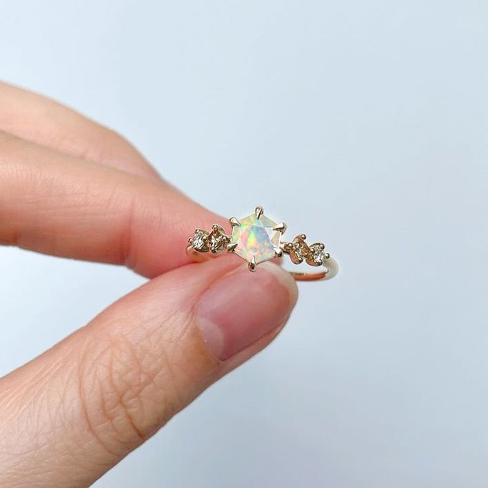 Hexagon Shape 6 MM Natural White Opal Designer Ring - Goodstone Jewels
