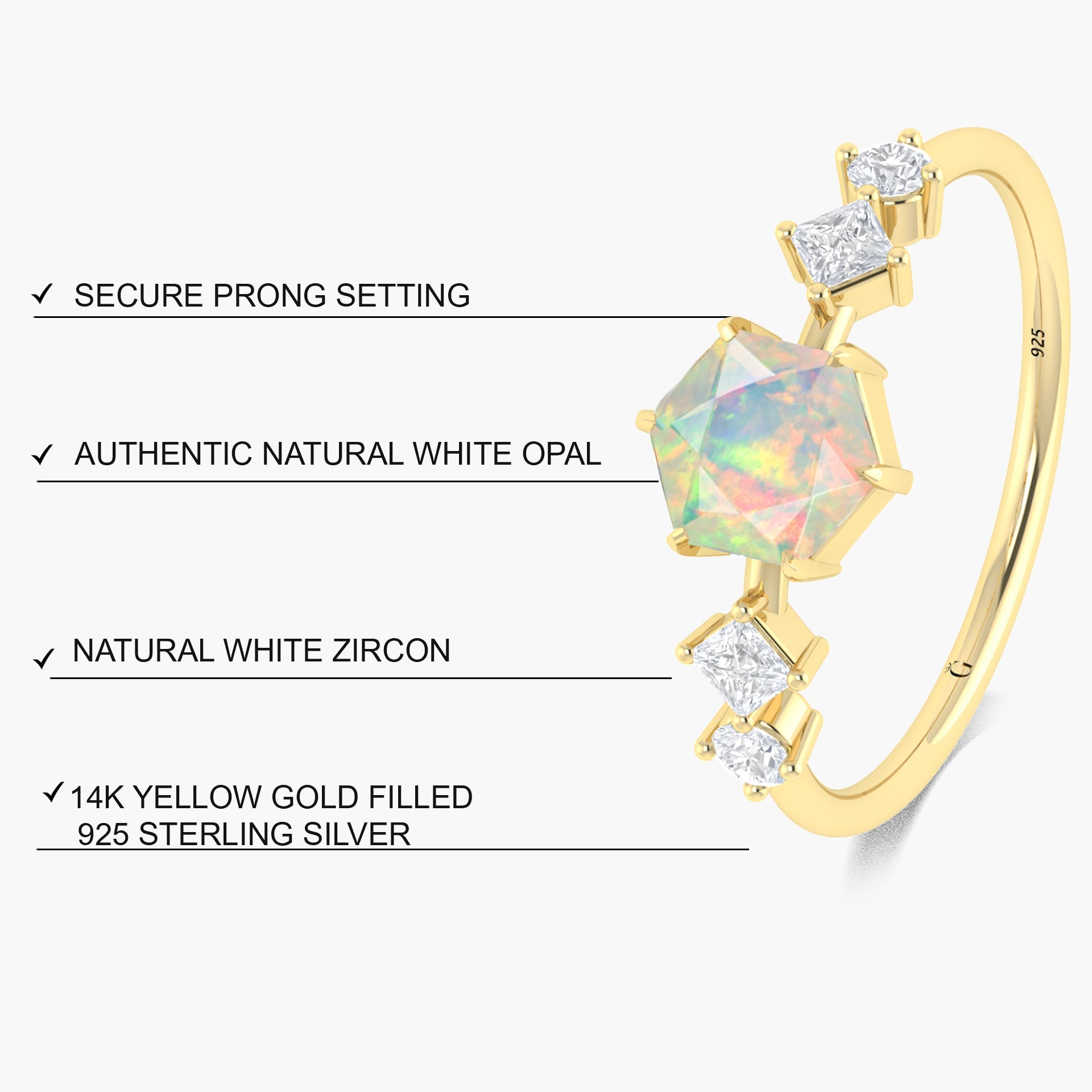 Hexagon Shape 6 MM Natural White Opal Designer Ring - Goodstone Jewels