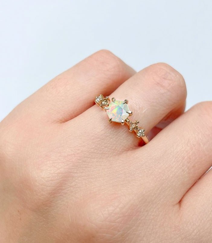 Hexagon Shape 6 MM Natural White Opal Designer Ring - Goodstone Jewels