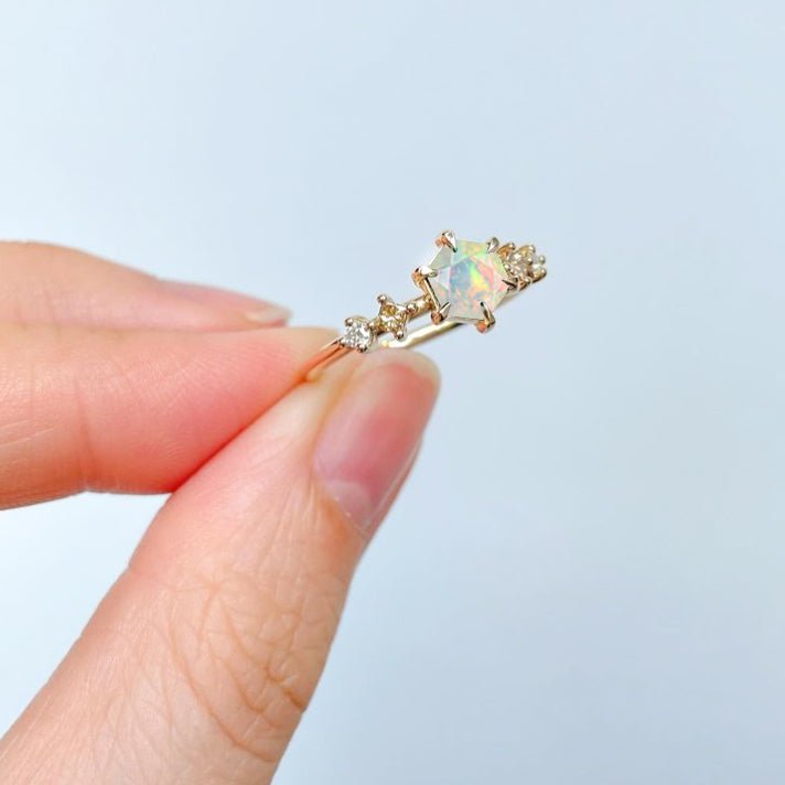 Hexagon Shape 6 MM Natural White Opal Designer Ring - Goodstone Jewels