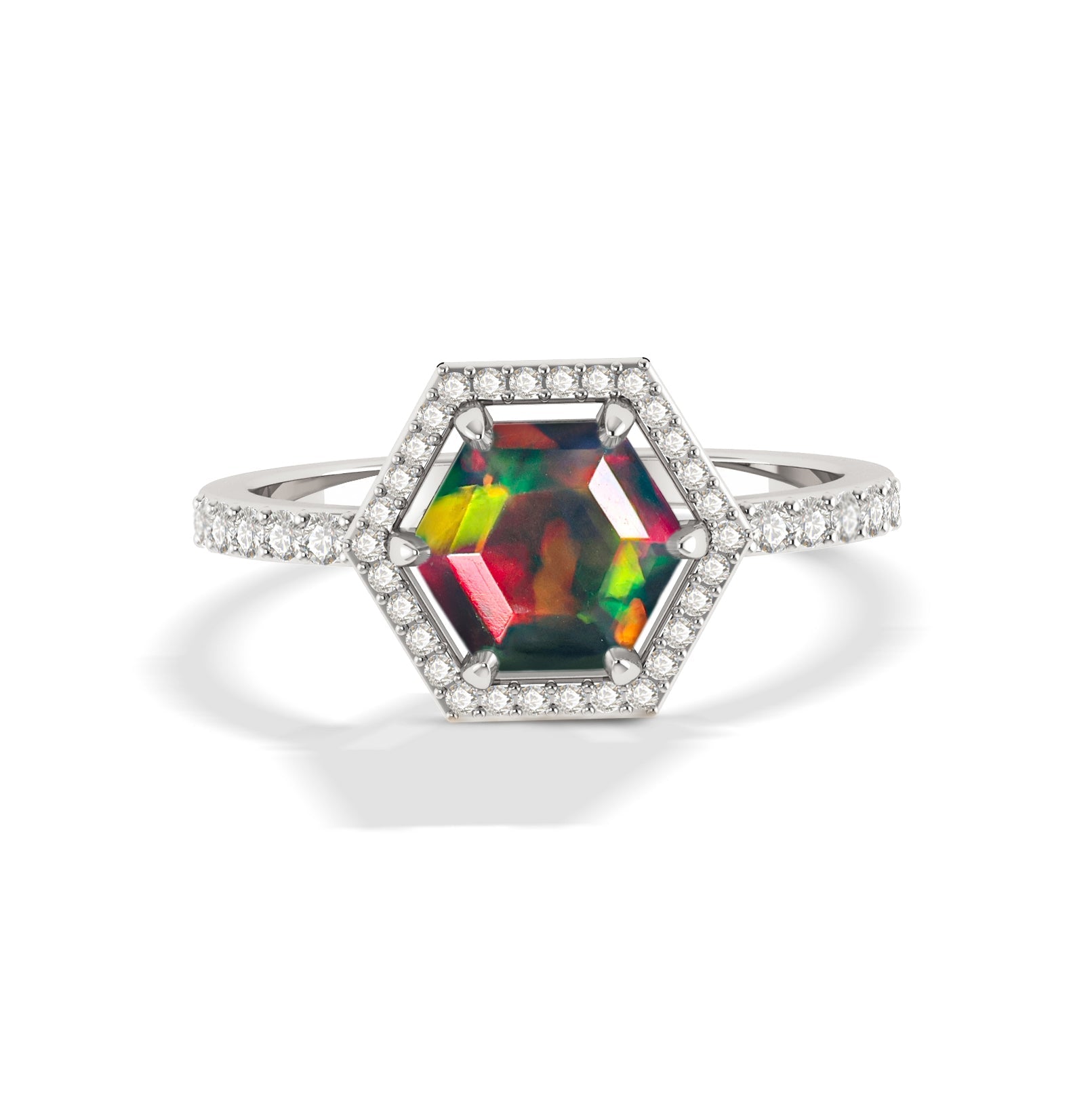 Hexagon Style Natural Black Opal Halo Ring - Goodstone Jewels