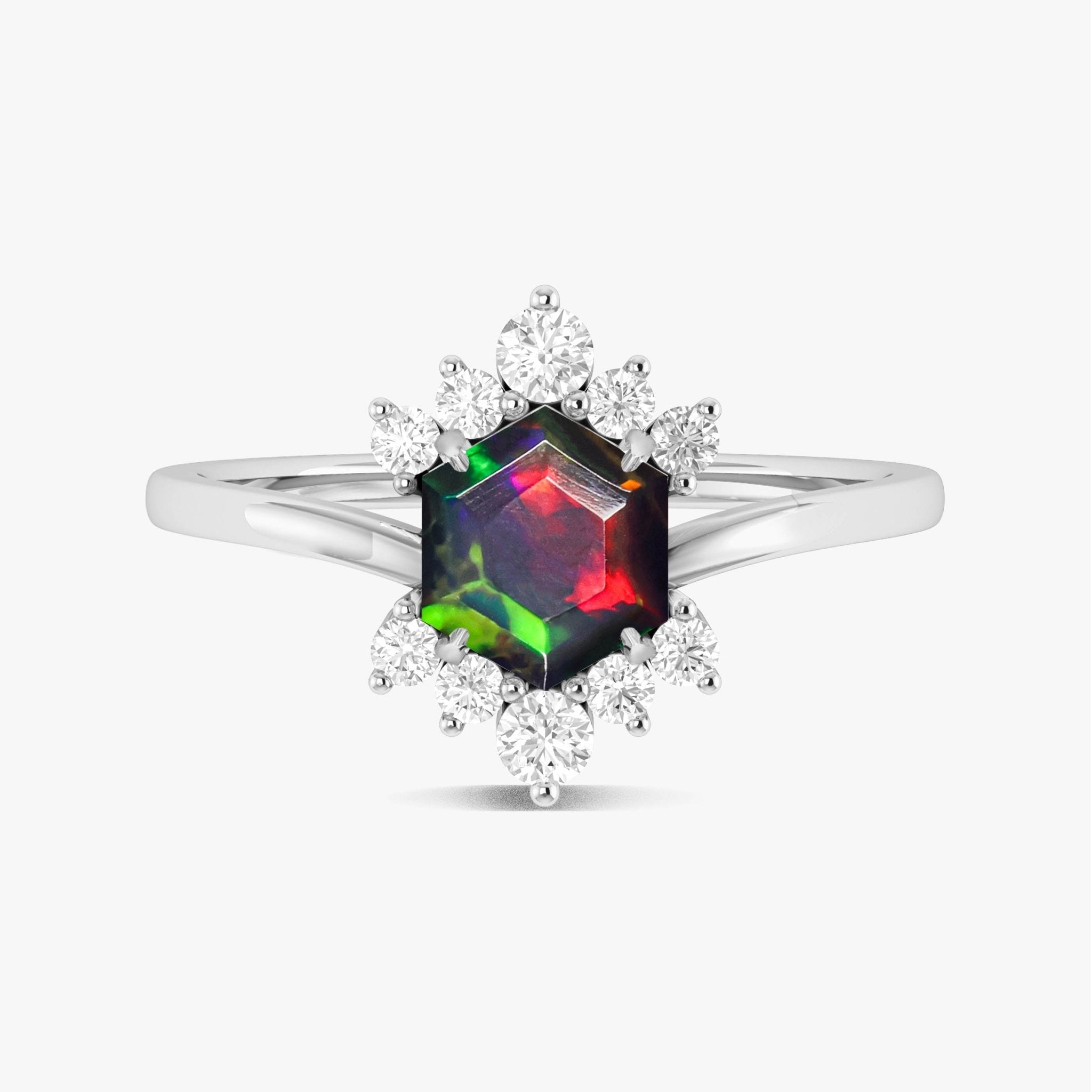 Hexagon Style Natural Black Opal & White Zircon Designer Ring - Goodstone Jewels