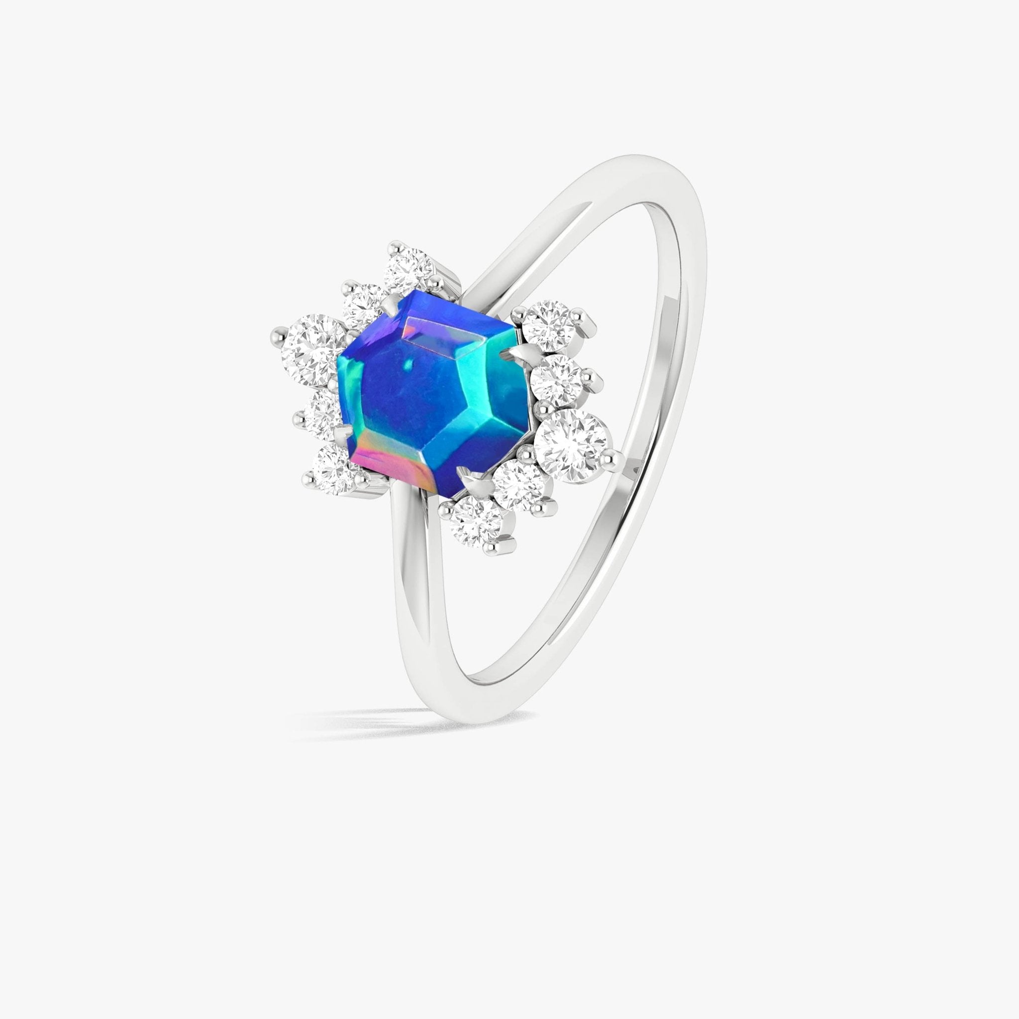 Hexagon Style Natural Blue Opal & White Zircon Designer Ring - Goodstone Jewels
