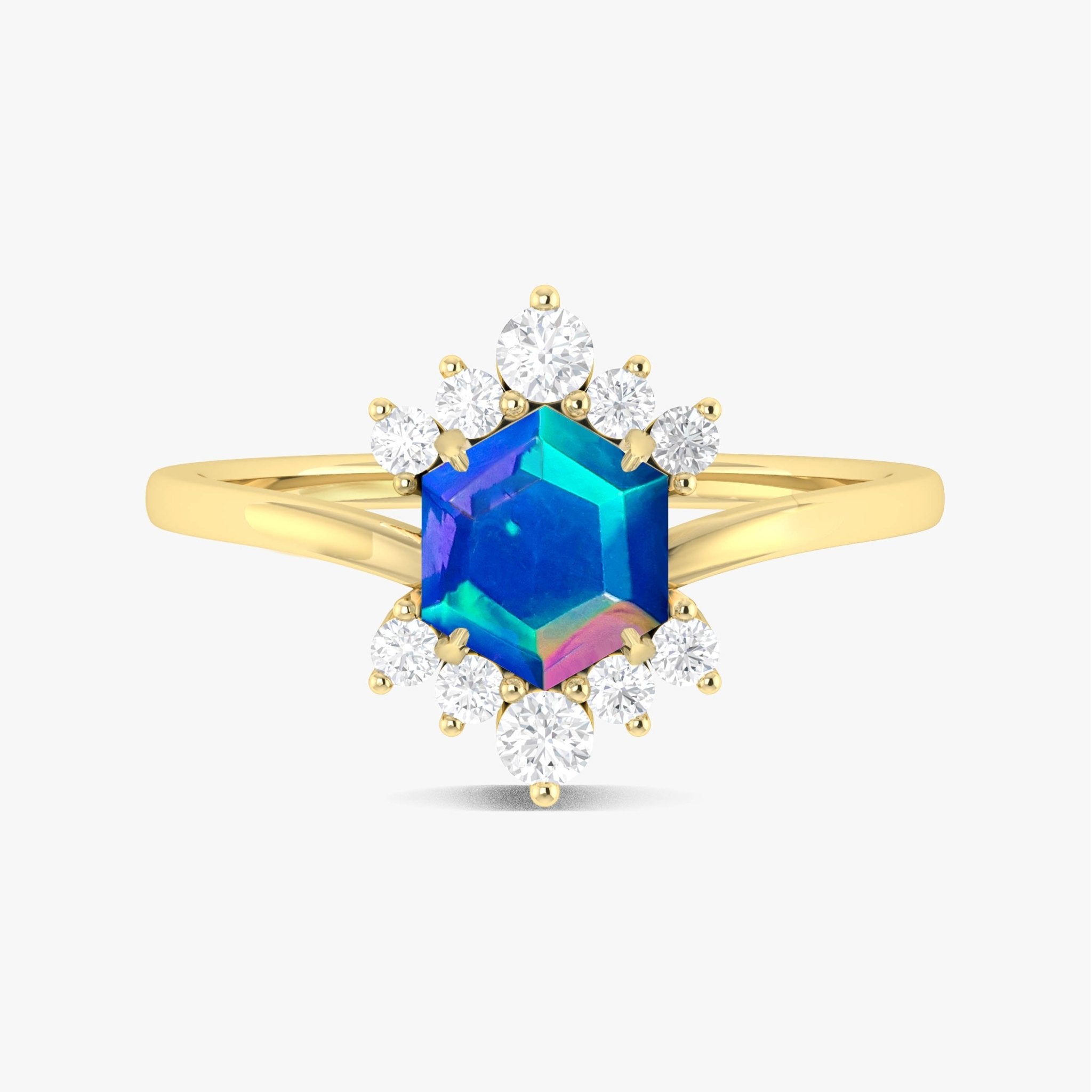 Hexagon Style Natural Blue Opal & White Zircon Designer Ring - Goodstone Jewels