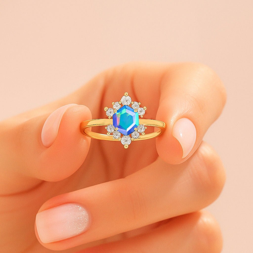Hexagon Style Natural Blue Opal & White Zircon Designer Ring - Goodstone Jewels