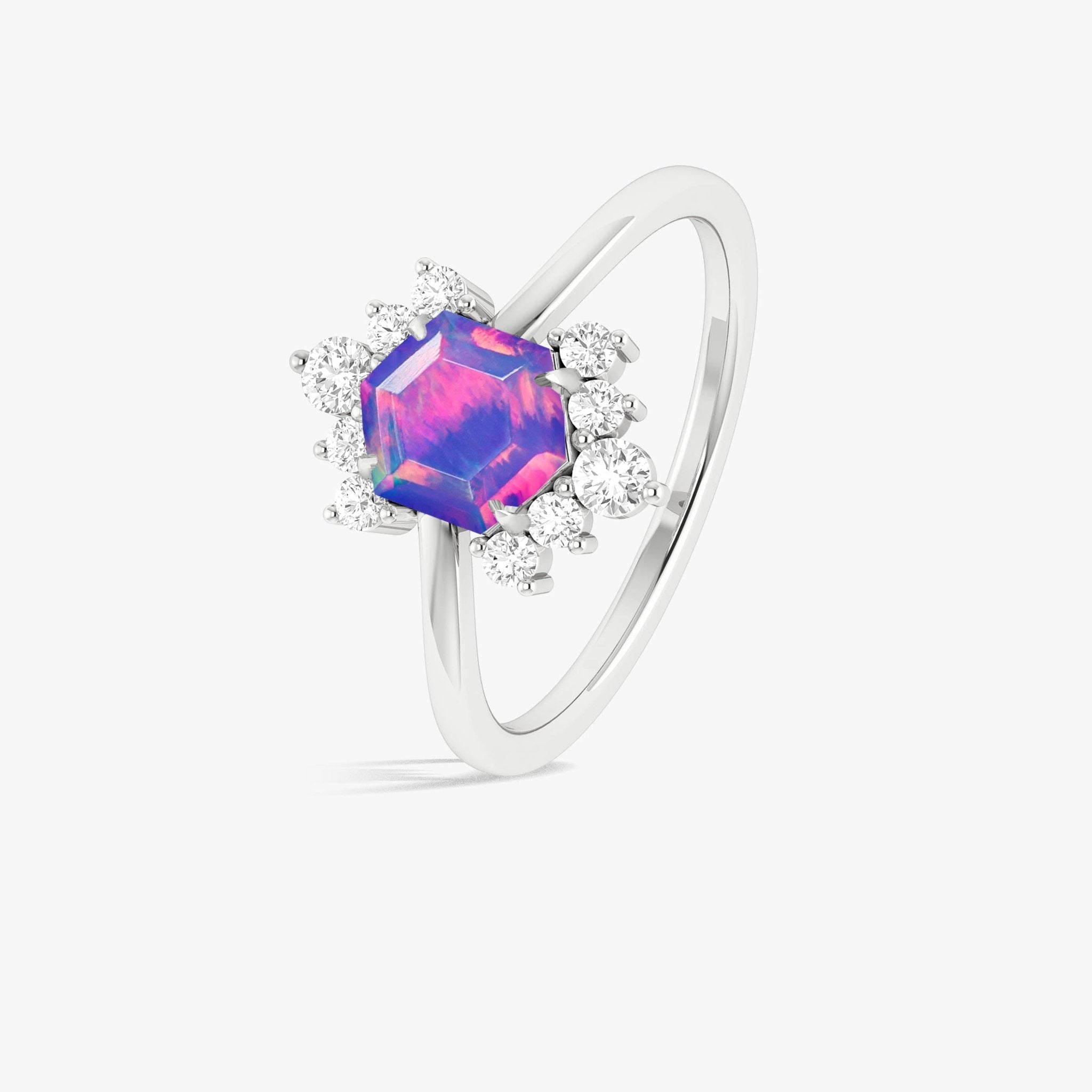 Hexagon Style Natural Lavender Opal & White Zircon Designer Ring - Goodstone Jewels