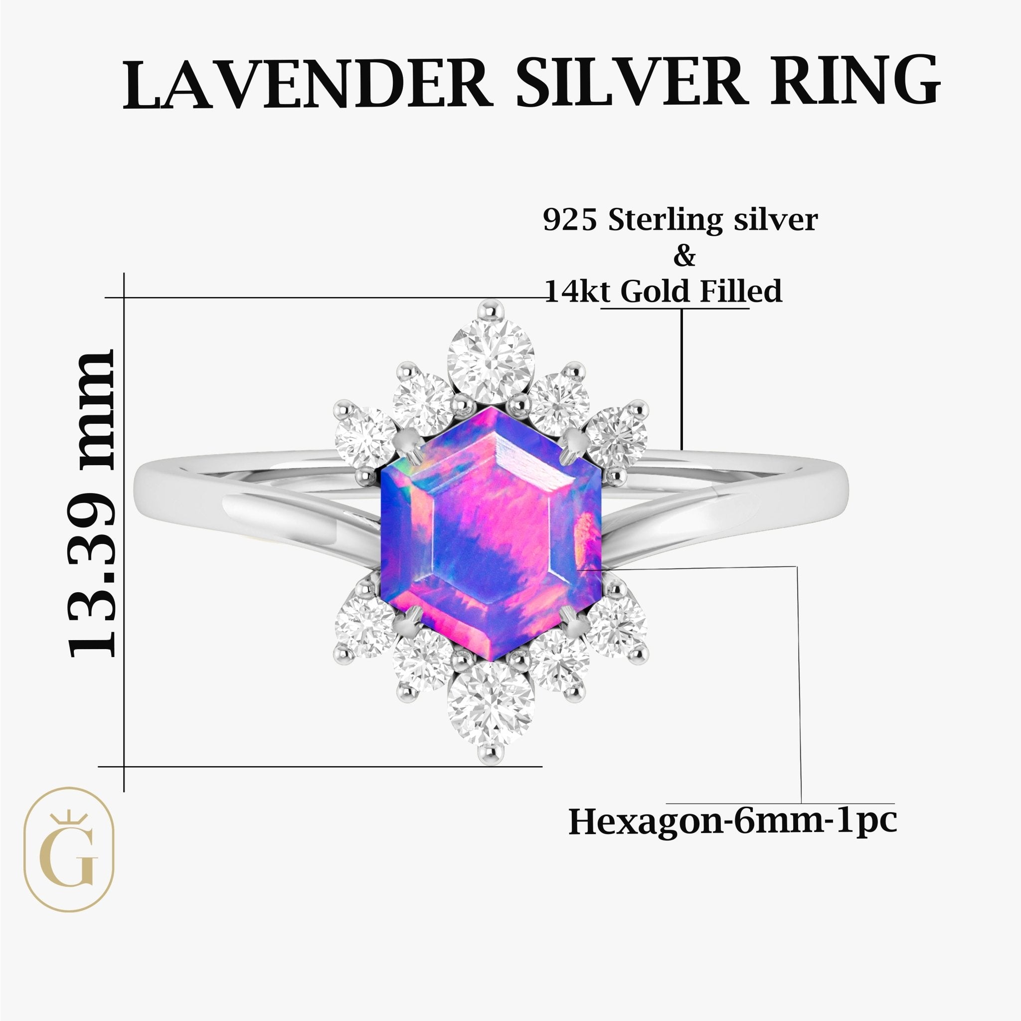 Hexagon Style Natural Lavender Opal & White Zircon Designer Ring - Goodstone Jewels