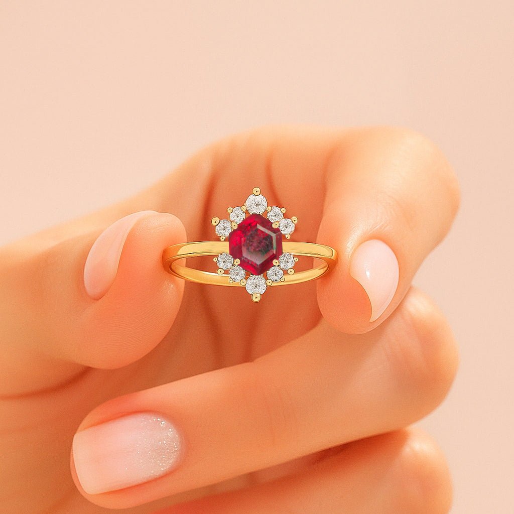 Hexagon Style Natural Ruby & White Zircon Designer Ring - Goodstone Jewels