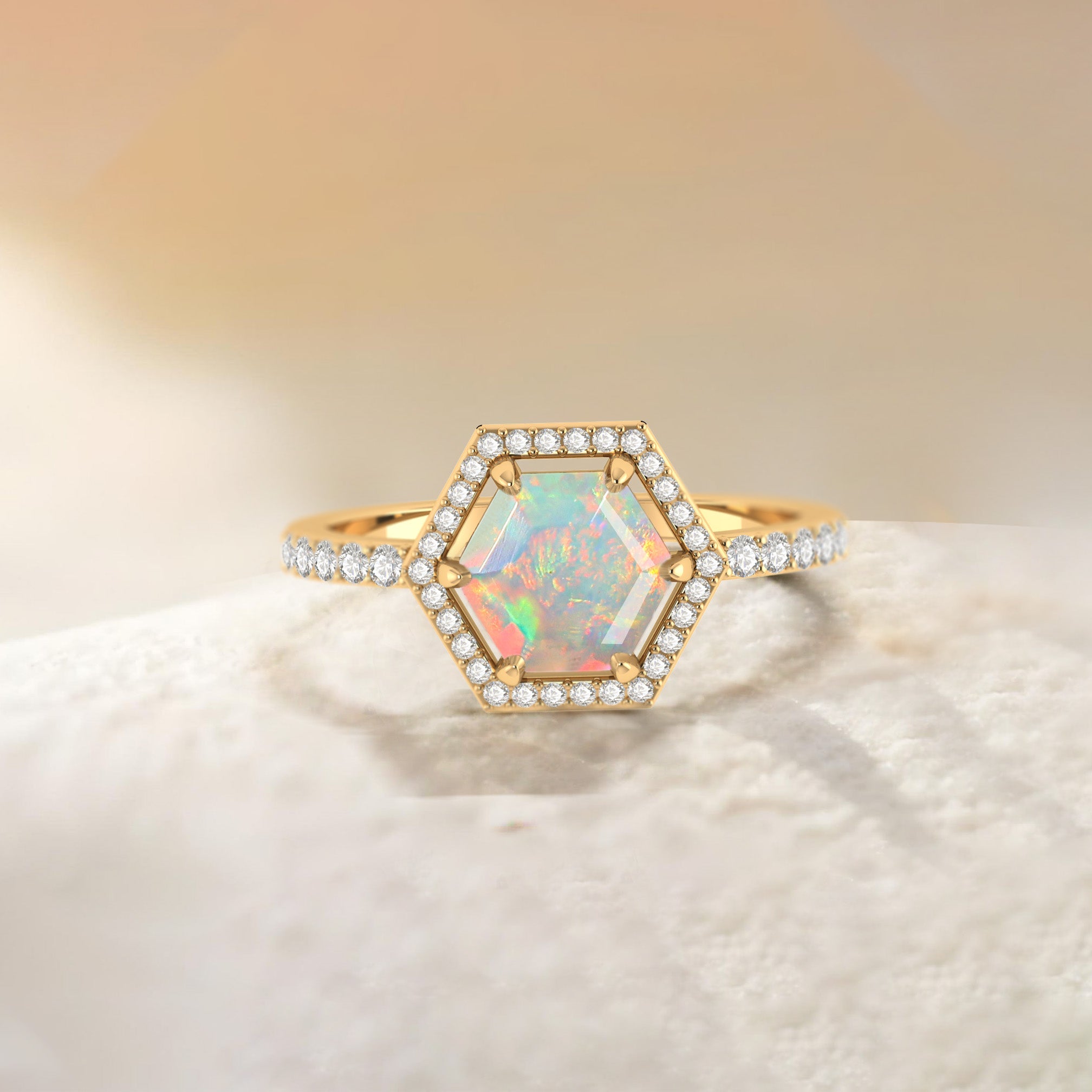 Hexagon Style Natural White Opal Halo Ring - Goodstone Jewels