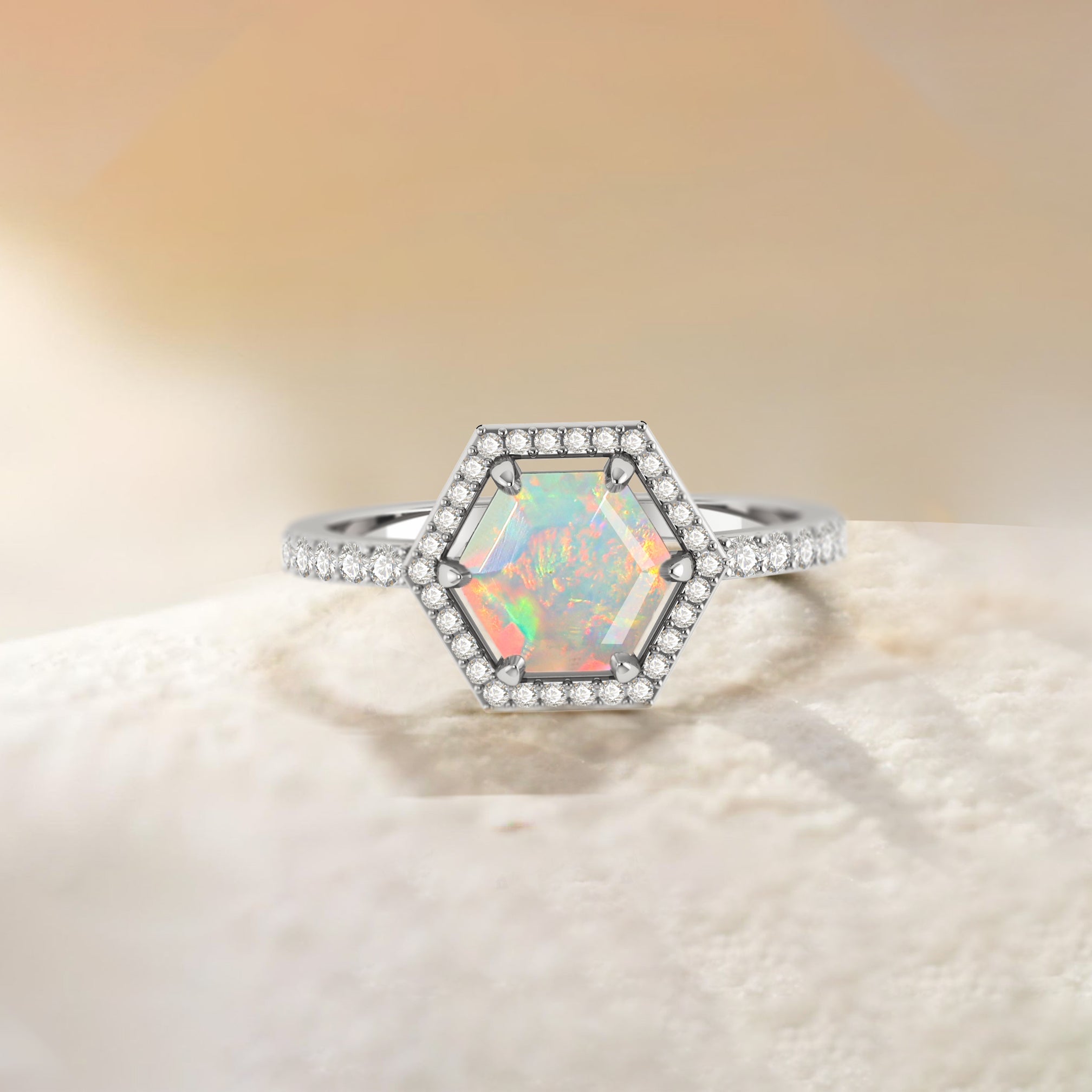Hexagon Style Natural White Opal Halo Ring - Goodstone Jewels