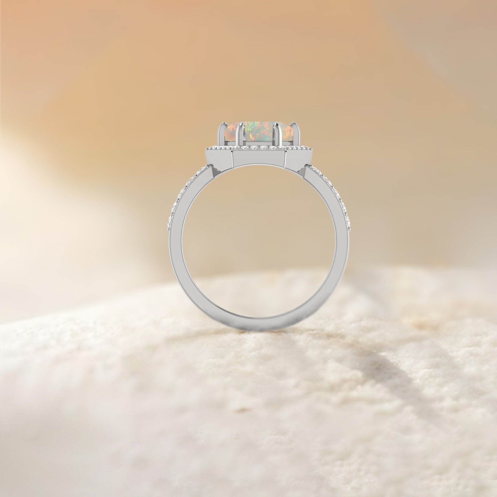 Hexagon Style Natural White Opal Halo Ring - Goodstone Jewels