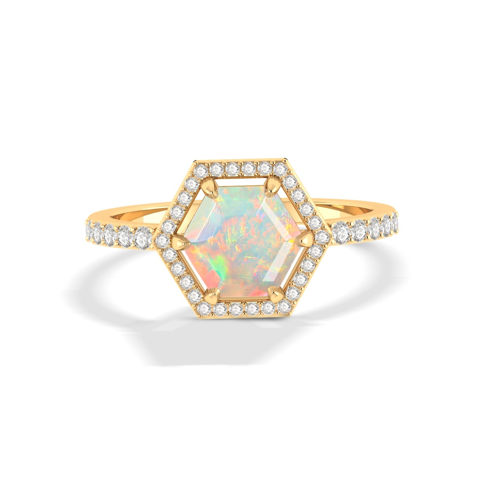 Hexagon Style Natural White Opal Halo Ring - Goodstone Jewels