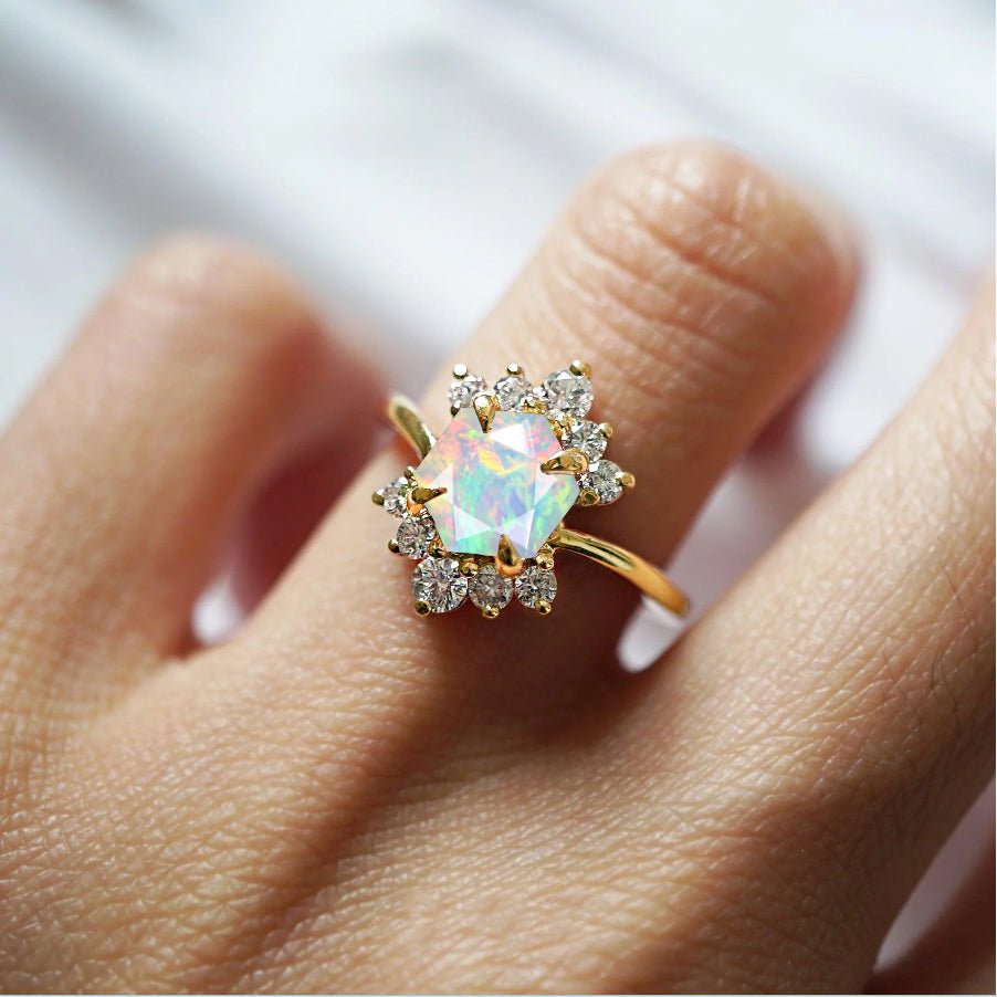 Hexagon Style Natural White Opal & White Zircon Designer Ring - Goodstone Jewels