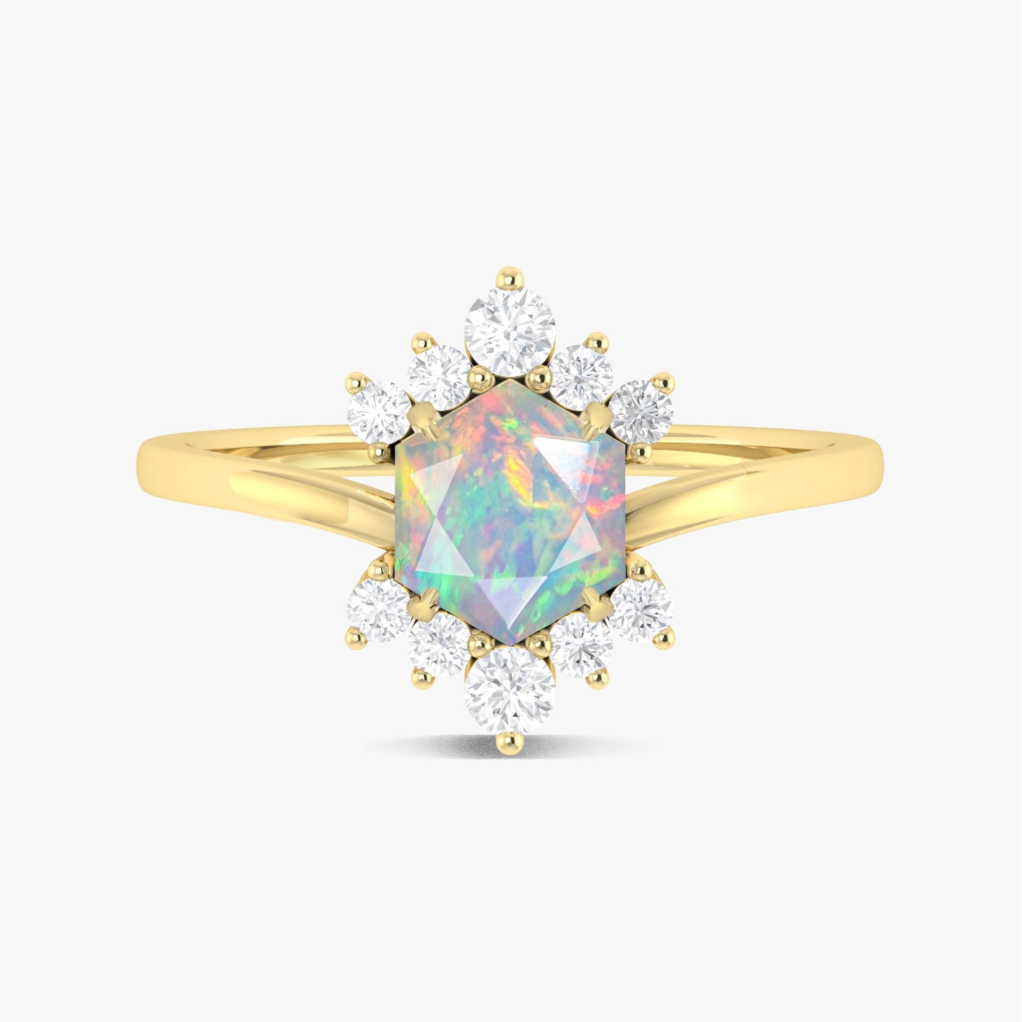 Hexagon Style Natural White Opal & White Zircon Designer Ring - Goodstone Jewels