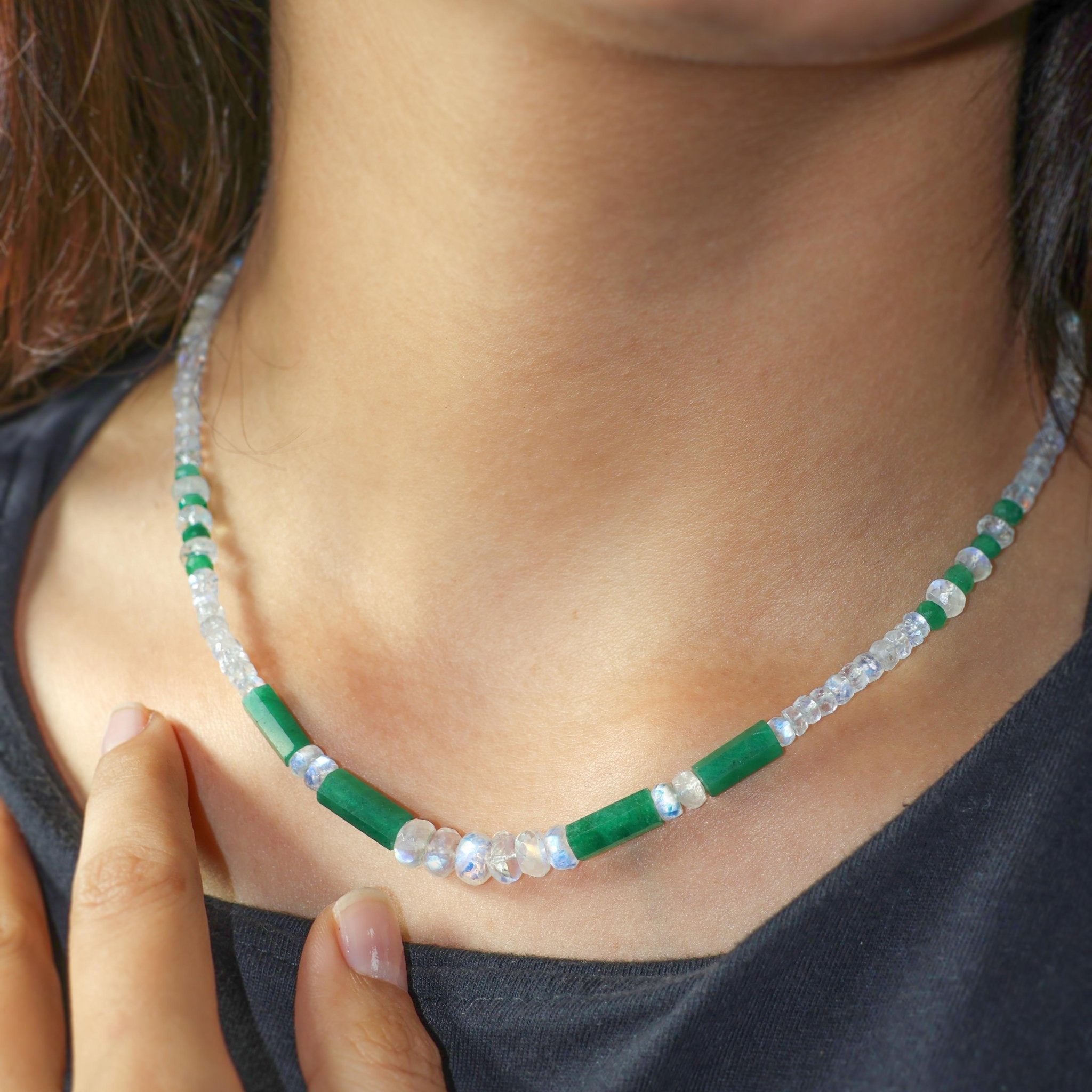 Hexaong Emerald Pencil with Faceted moonstone beaded necklace - Goodstone Jewels