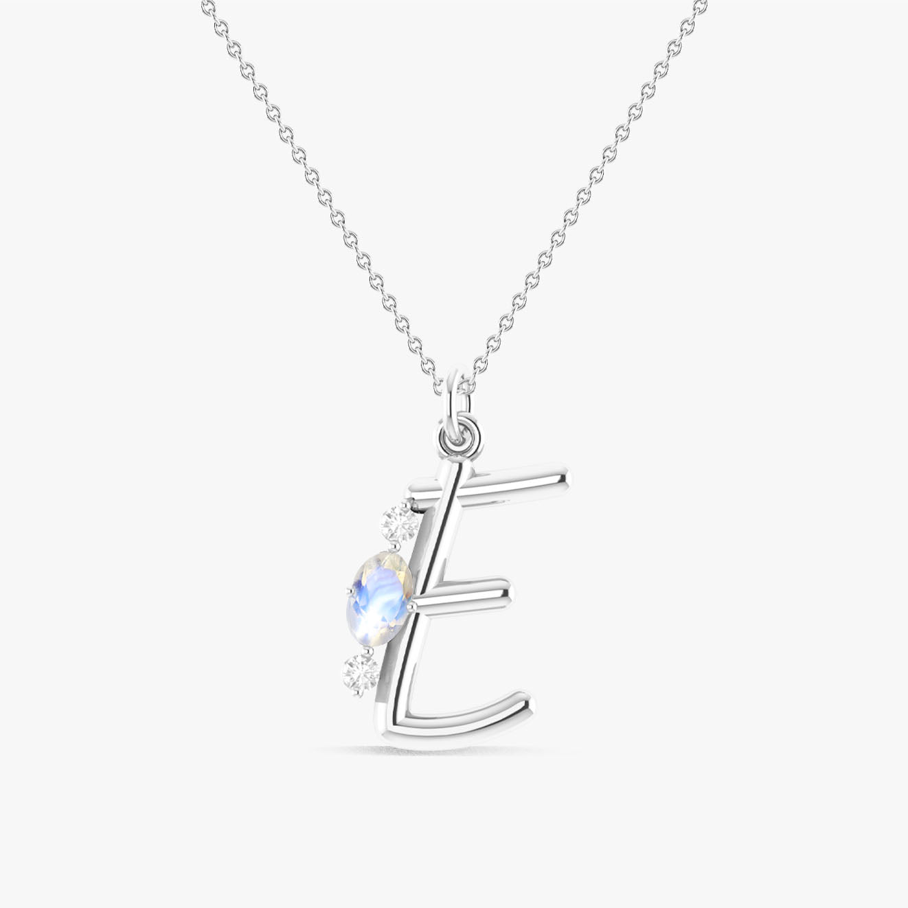 Initial E Alphabet Pendant Necklace with Natural Moonstone & Zircon - Goodstone Jewels