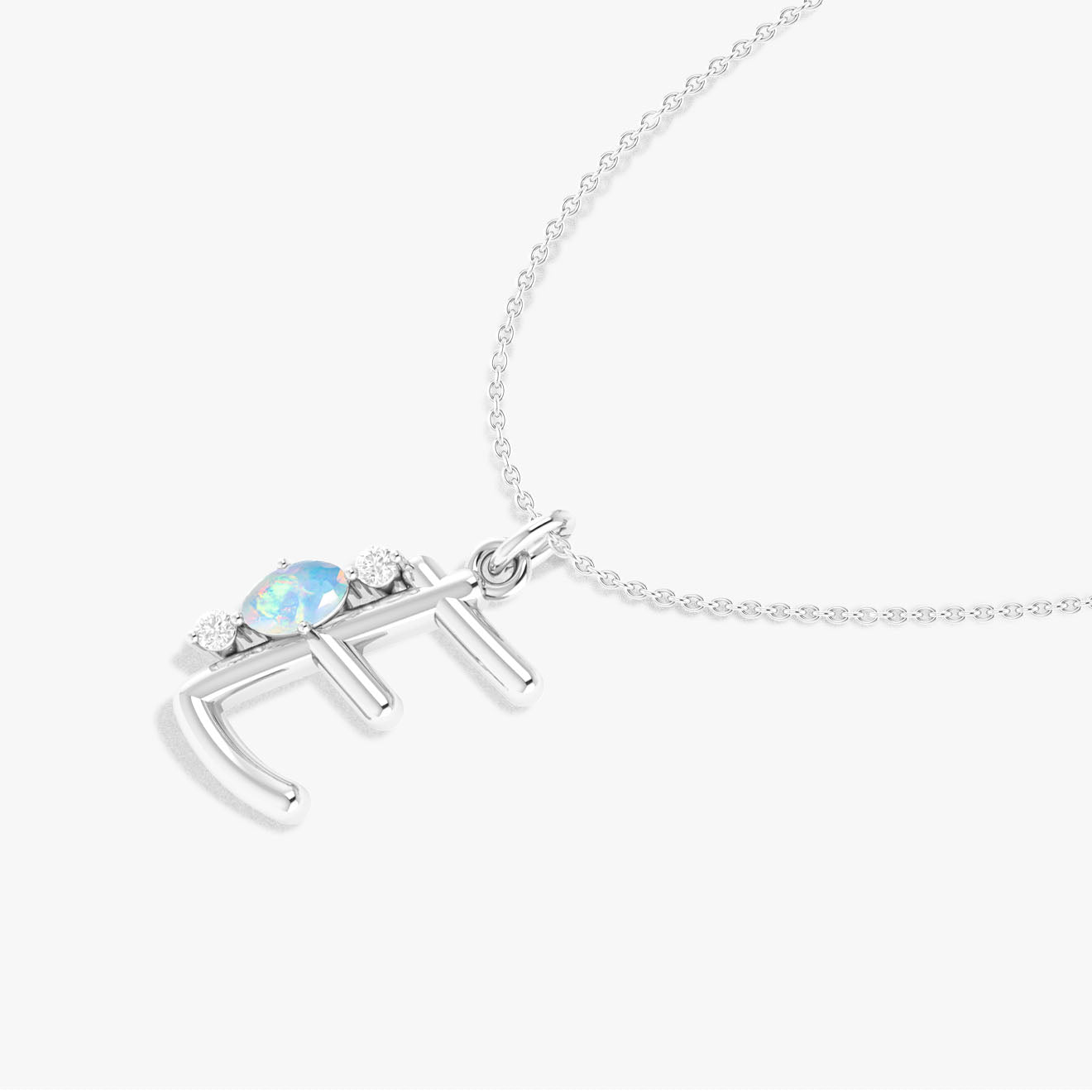 Initial E Alphabet Pendant Necklace with Natural White Opal & Zircon - Goodstone Jewels