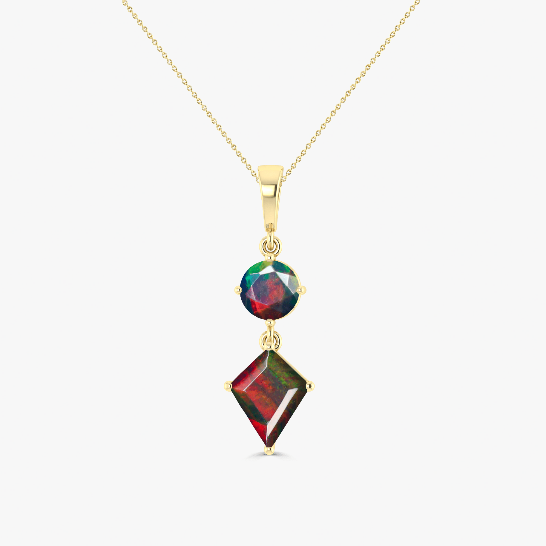 Kite and Round Fire Ethiopian opal pendant Gold chain necklace - Goodstone Jewels
