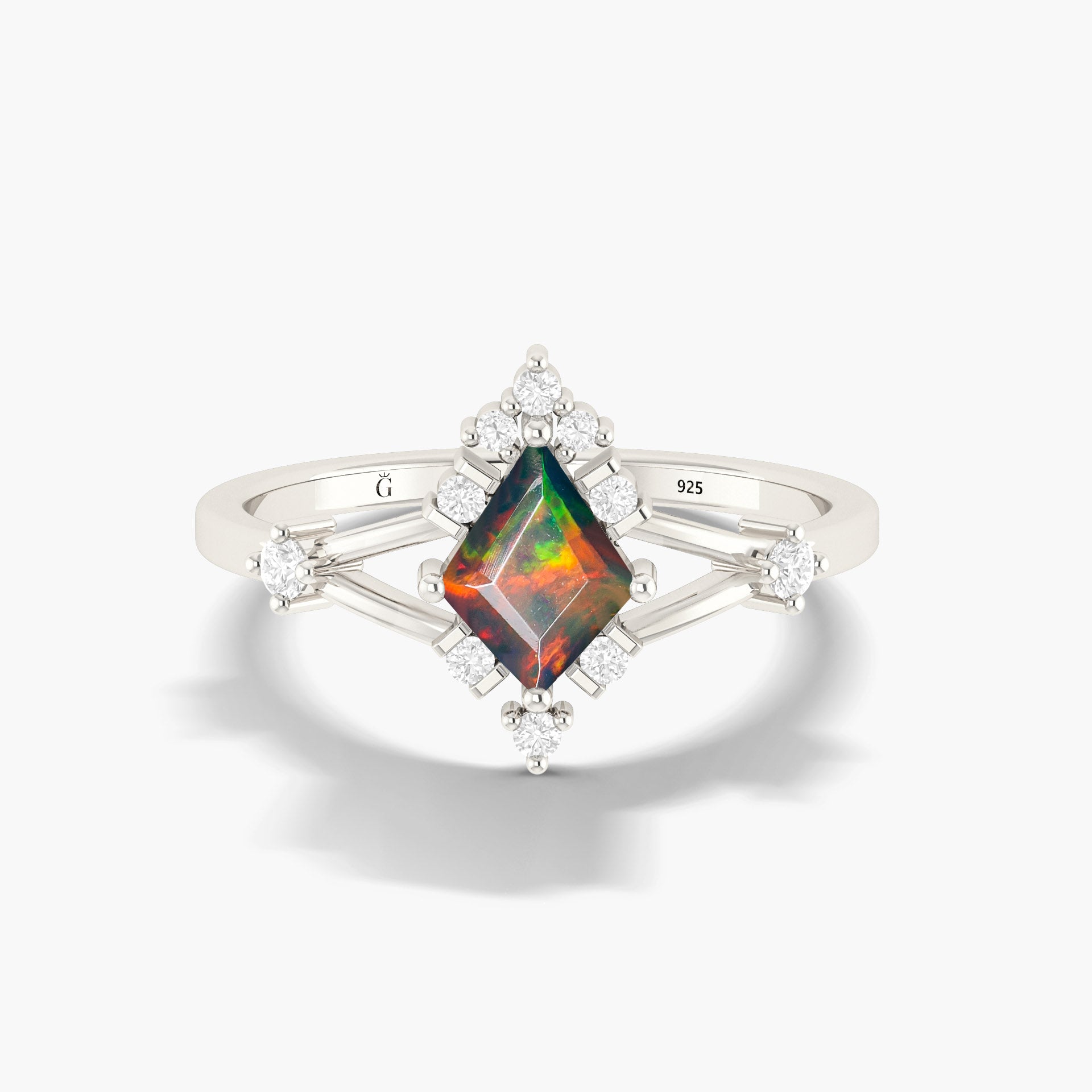 Kite Shape Natural Black Opal with White Zircon Designer Wedding Ring - Goodstone Jewels