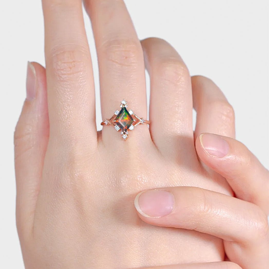 Kite Shape Natural Black Opal with White Zircon Designer Wedding Ring - Goodstone Jewels