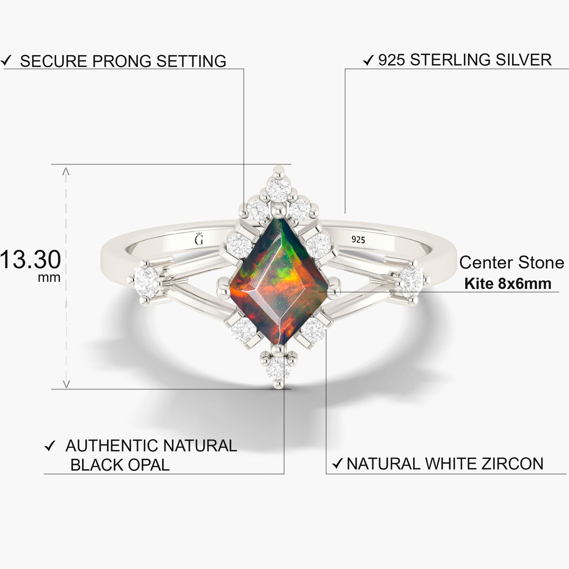 Kite Shape Natural Black Opal with White Zircon Designer Wedding Ring - Goodstone Jewels