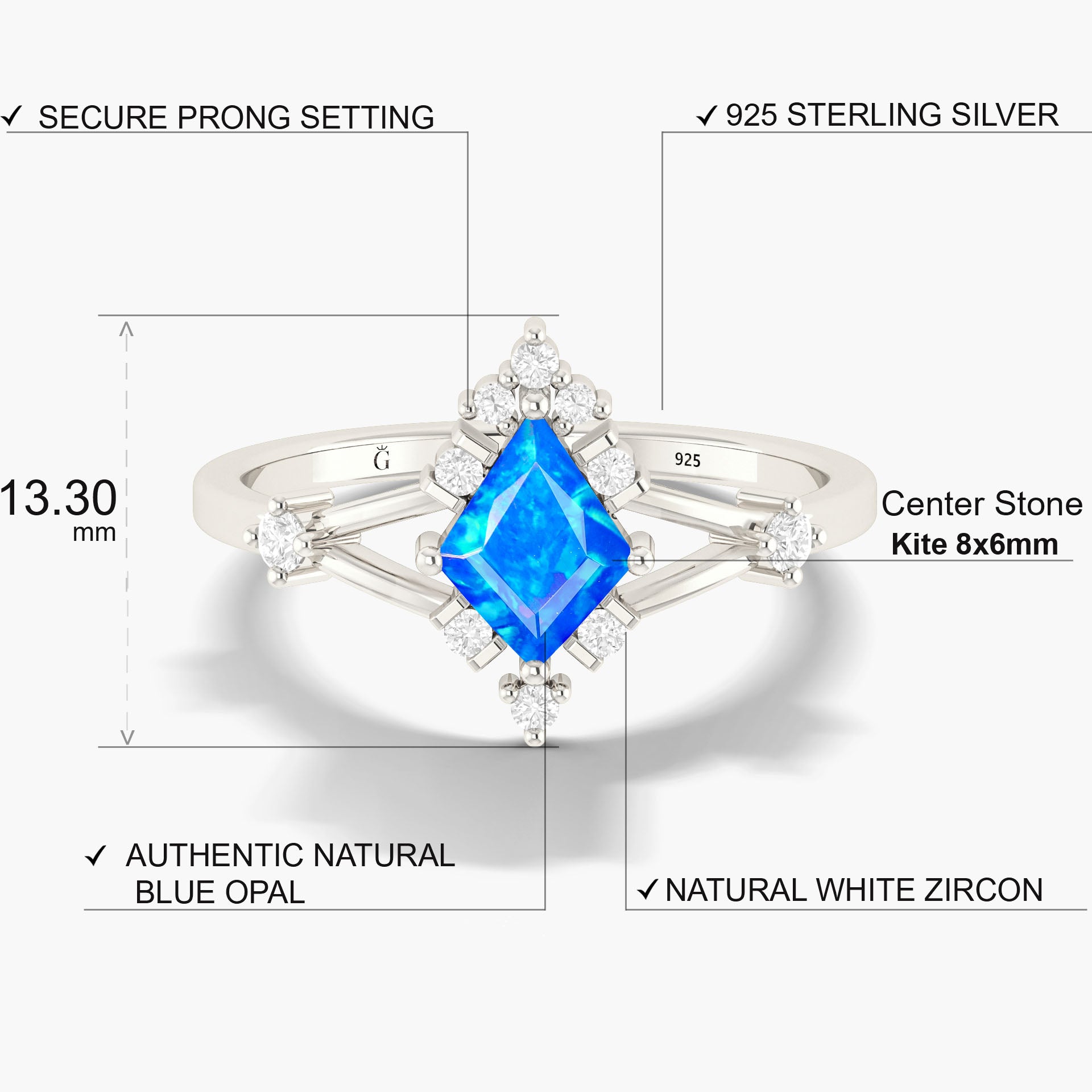 Kite Shape Natural Blue Opal with White Zircon Designer Wedding Ring - Goodstone Jewels
