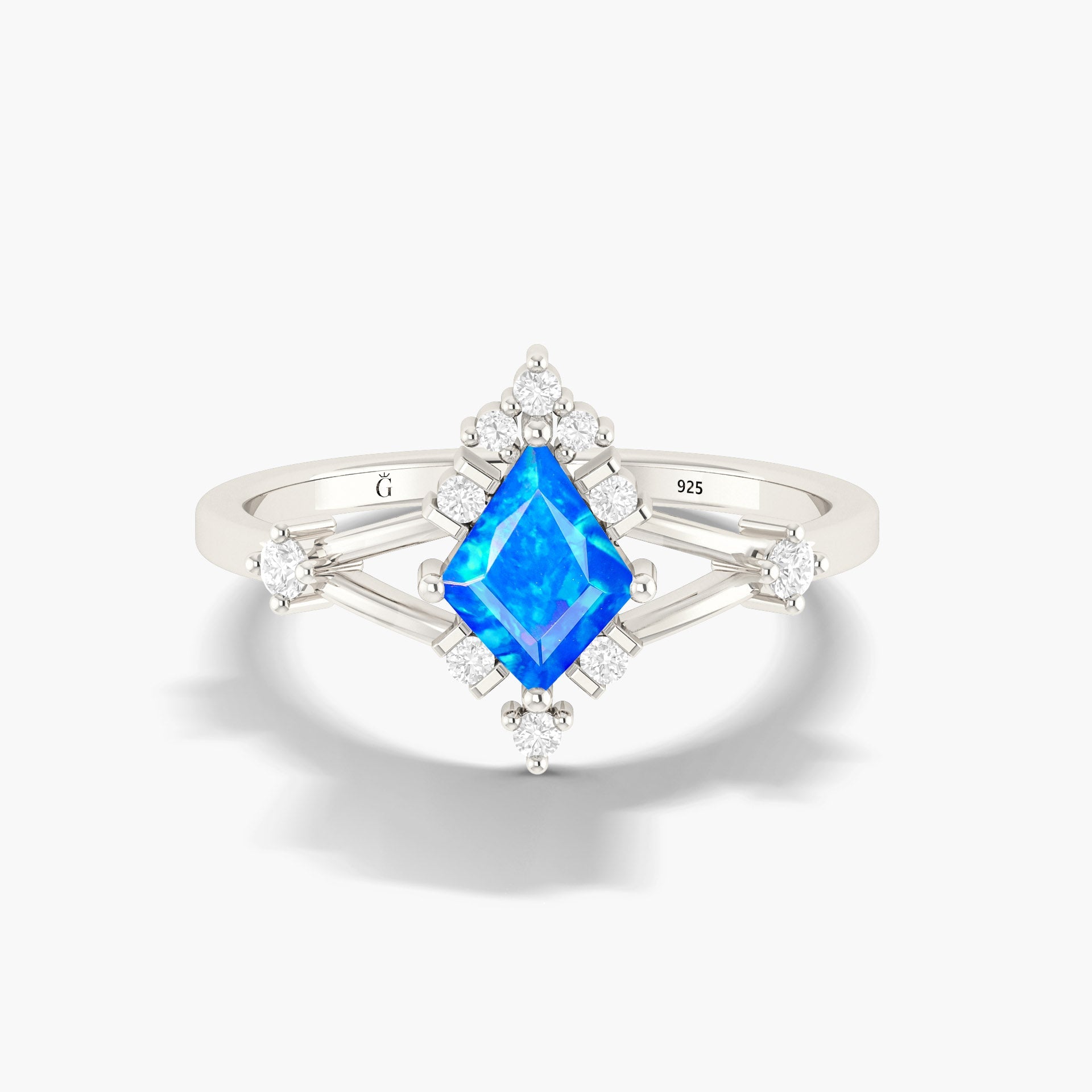 Kite Shape Natural Blue Opal with White Zircon Designer Wedding Ring - Goodstone Jewels
