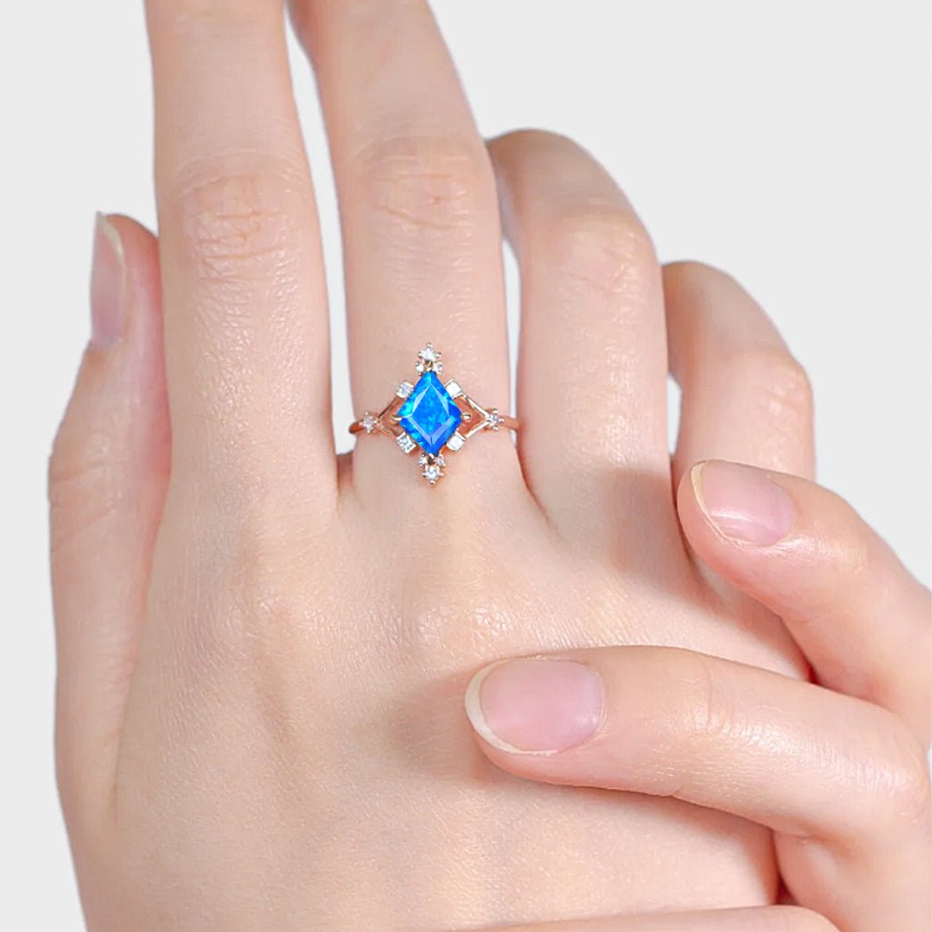 Kite Shape Natural Blue Opal with White Zircon Designer Wedding Ring - Goodstone Jewels
