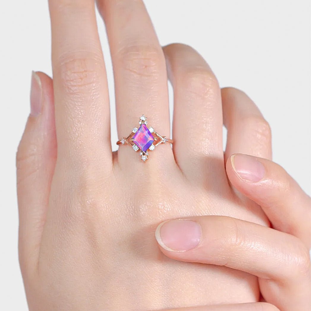 Kite Shape Natural Lavender Opal with White Zircon Designer Wedding Ring - Goodstone Jewels