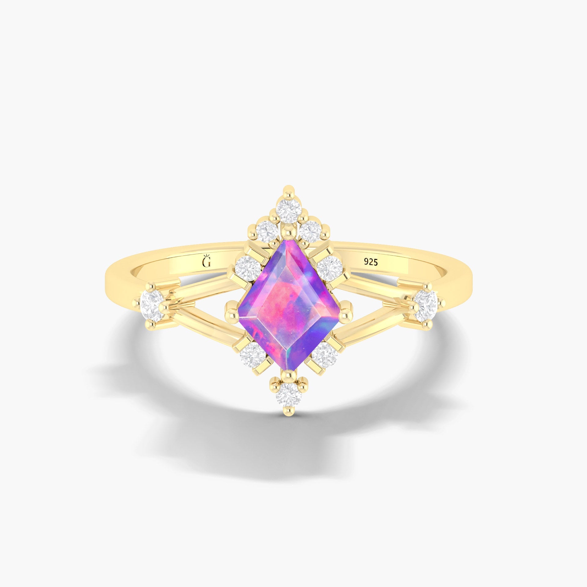 Kite Shape Natural Lavender Opal with White Zircon Designer Wedding Ring - Goodstone Jewels