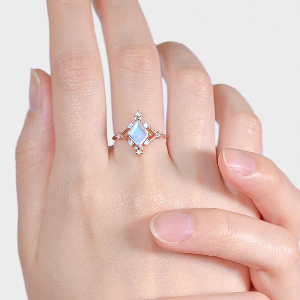 Kite Shape Natural Moonstone with White Zircon Designer Wedding Ring - Goodstone Jewels