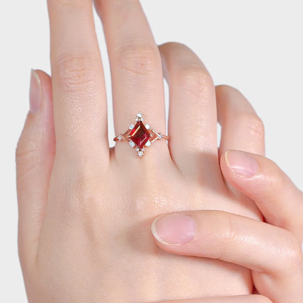 Kite Shape Natural Ruby with White Zircon Designer Wedding Ring - Goodstone Jewels