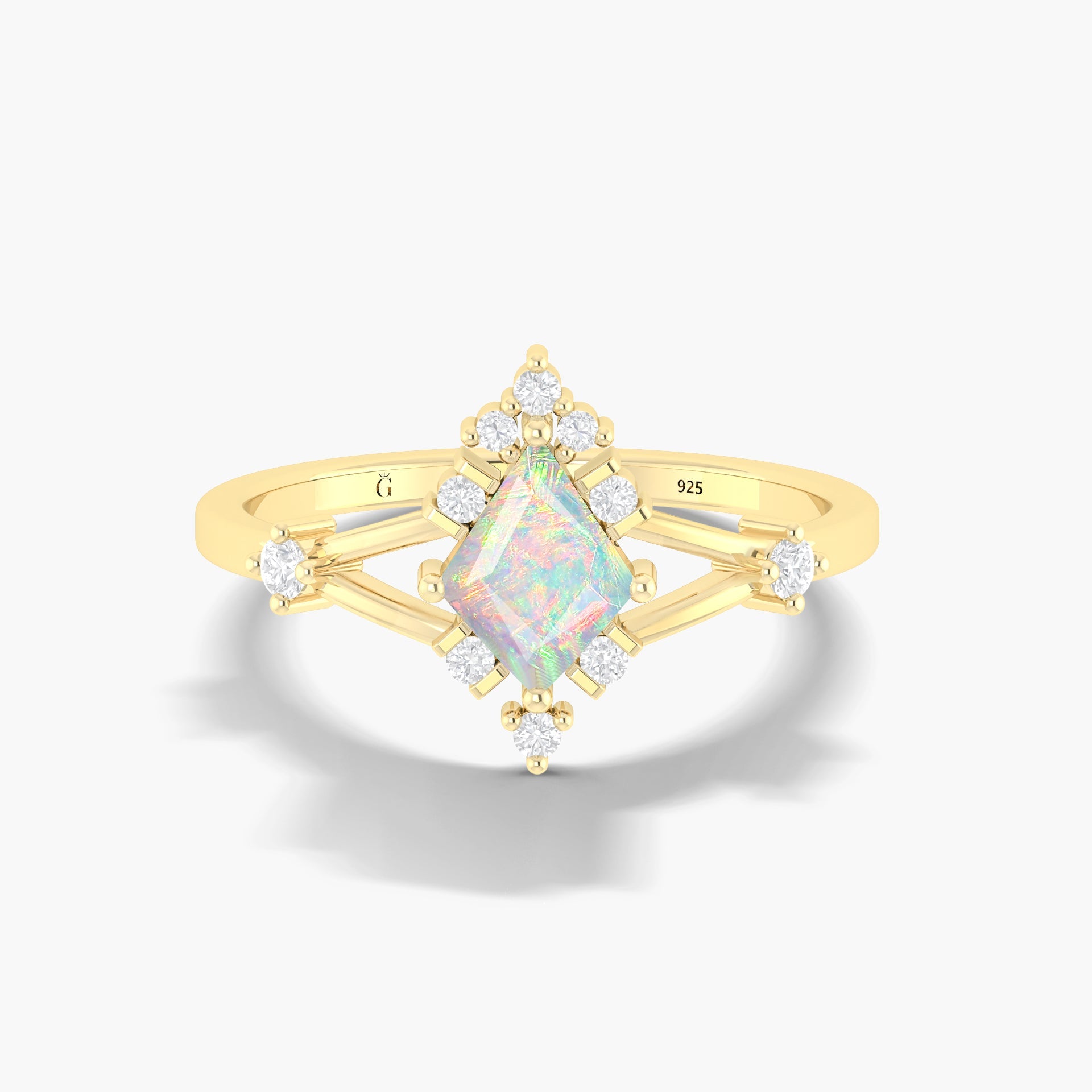 Kite Shape Natural White Opal with Zircon Designer Wedding Ring - Goodstone Jewels