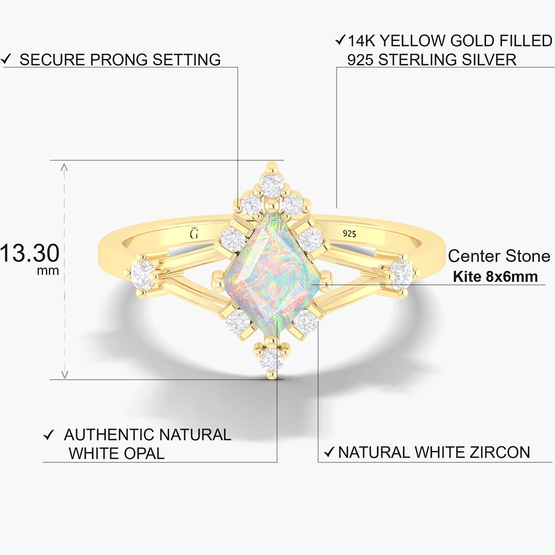Kite Shape Natural White Opal with Zircon Designer Wedding Ring - Goodstone Jewels