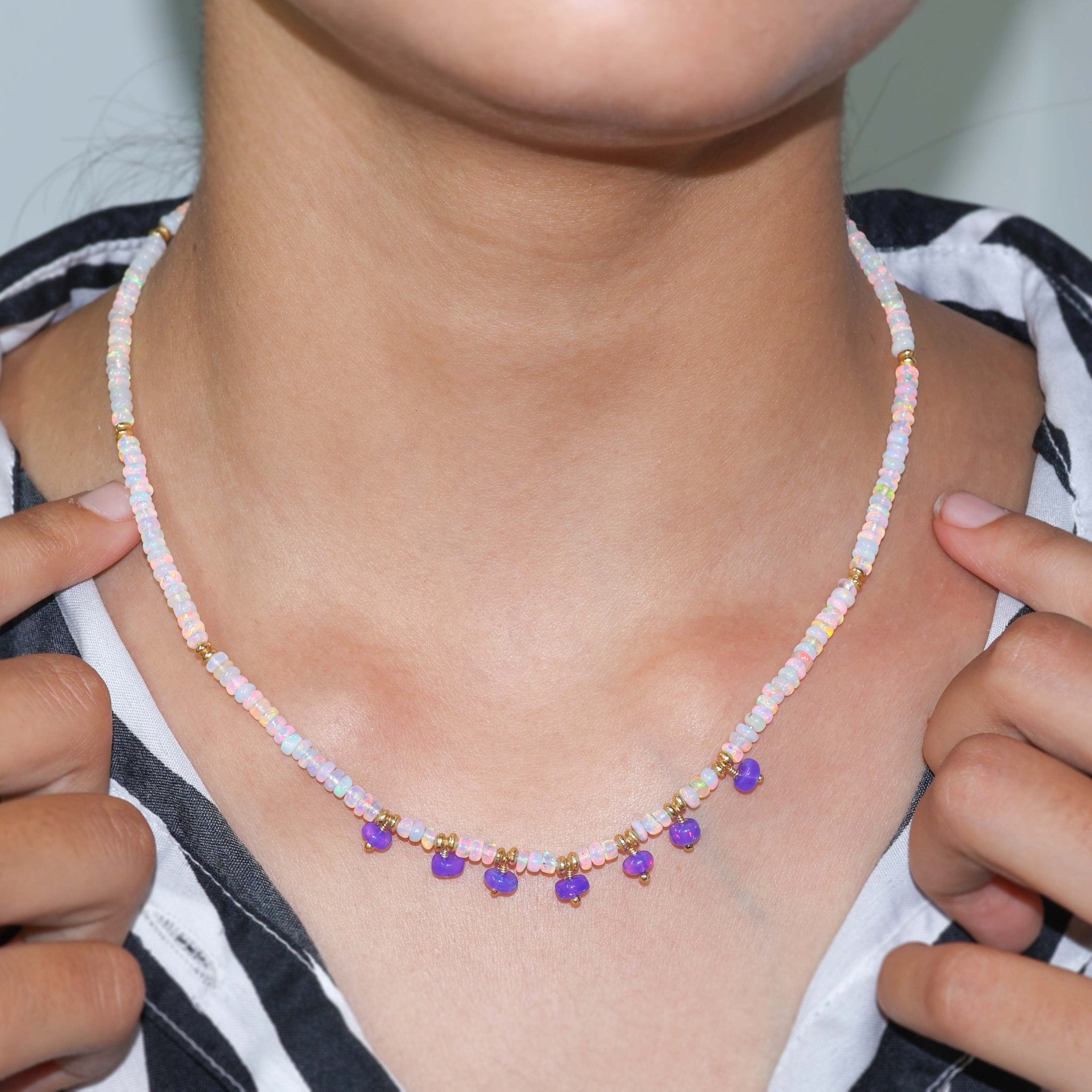 Lavender drop beads with Rondelle white opal beads necklace - Goodstone Jewels