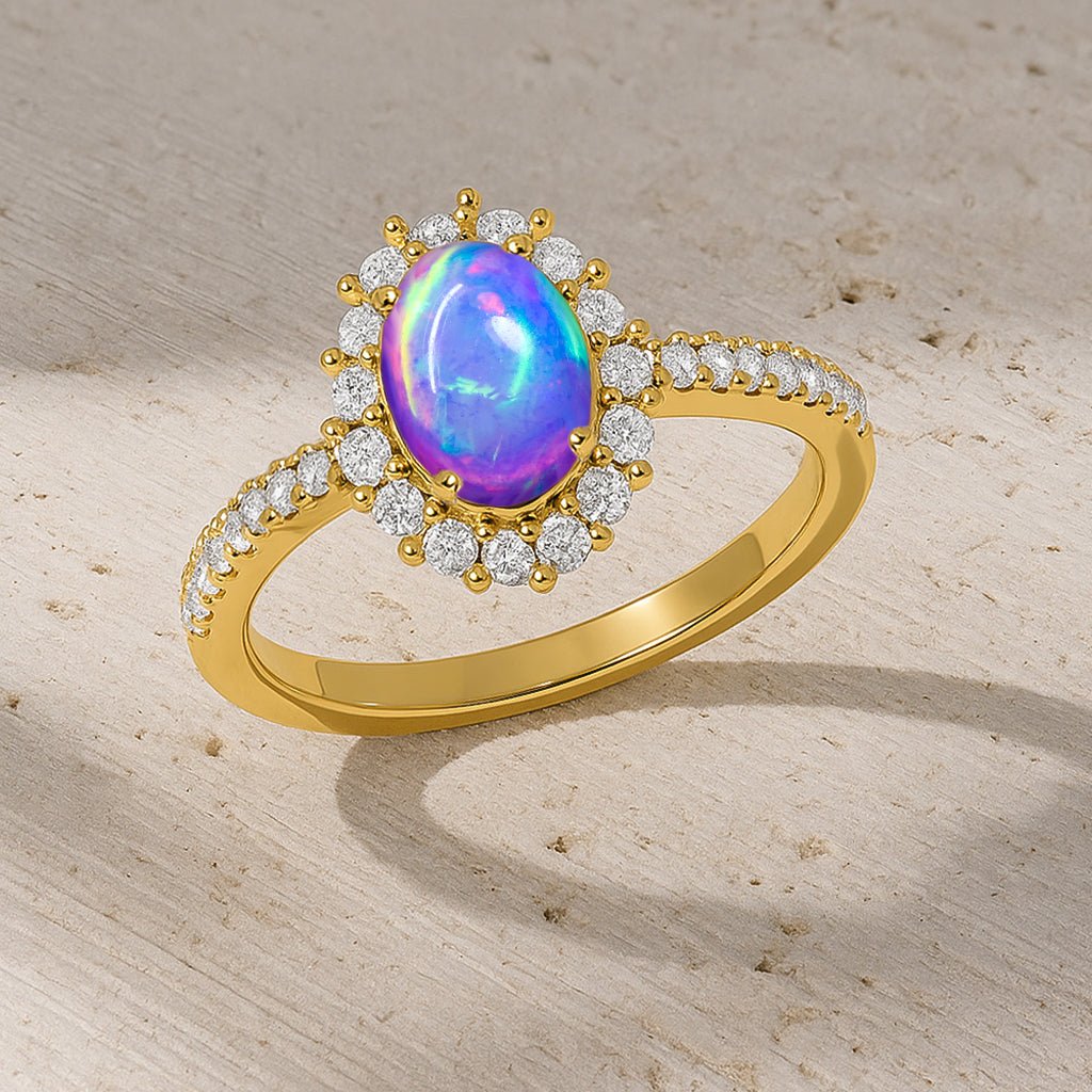 Lavender Multifire Opal Gemstone Halo Style Ring - Goodstone Jewels