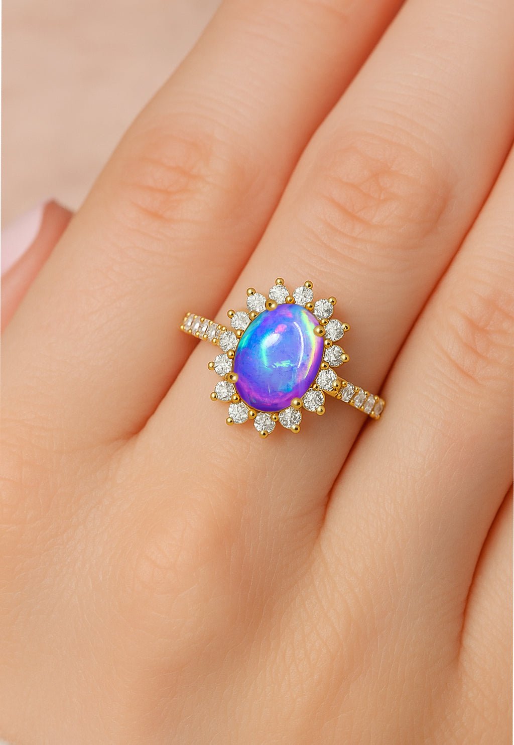Lavender Multifire Opal Gemstone Halo Style Ring - Goodstone Jewels