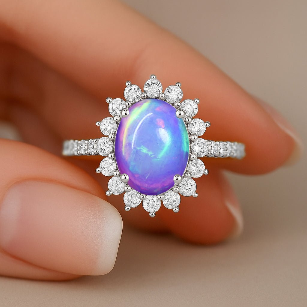 Lavender Multifire Opal Gemstone Halo Style Ring - Goodstone Jewels