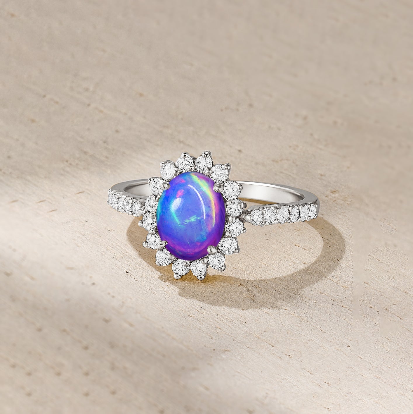 Lavender Multifire Opal Gemstone Halo Style Ring - Goodstone Jewels