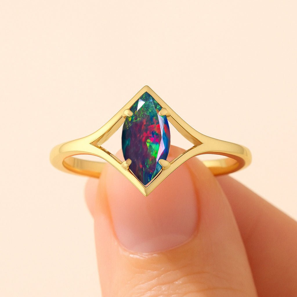 Marquise Shape 8X4 MM Natural Black Opal Solitaire Ring - Goodstone Jewels