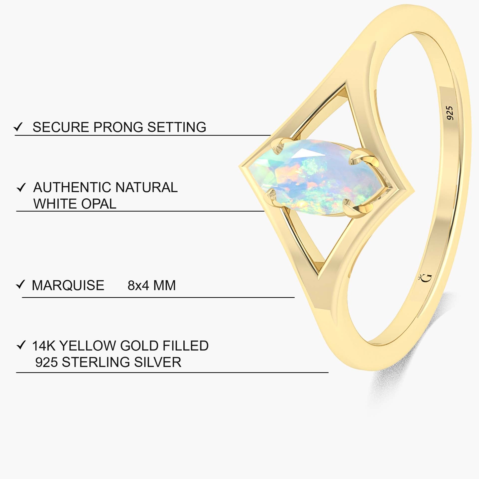 Marquise Shape 8X4 MM Natural White Opal Solitaire Ring - Goodstone Jewels
