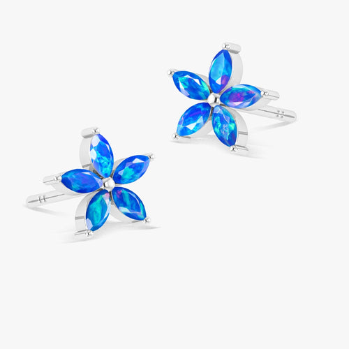 Marquise Tone Natural Blue Opal Flower Stud Earrings