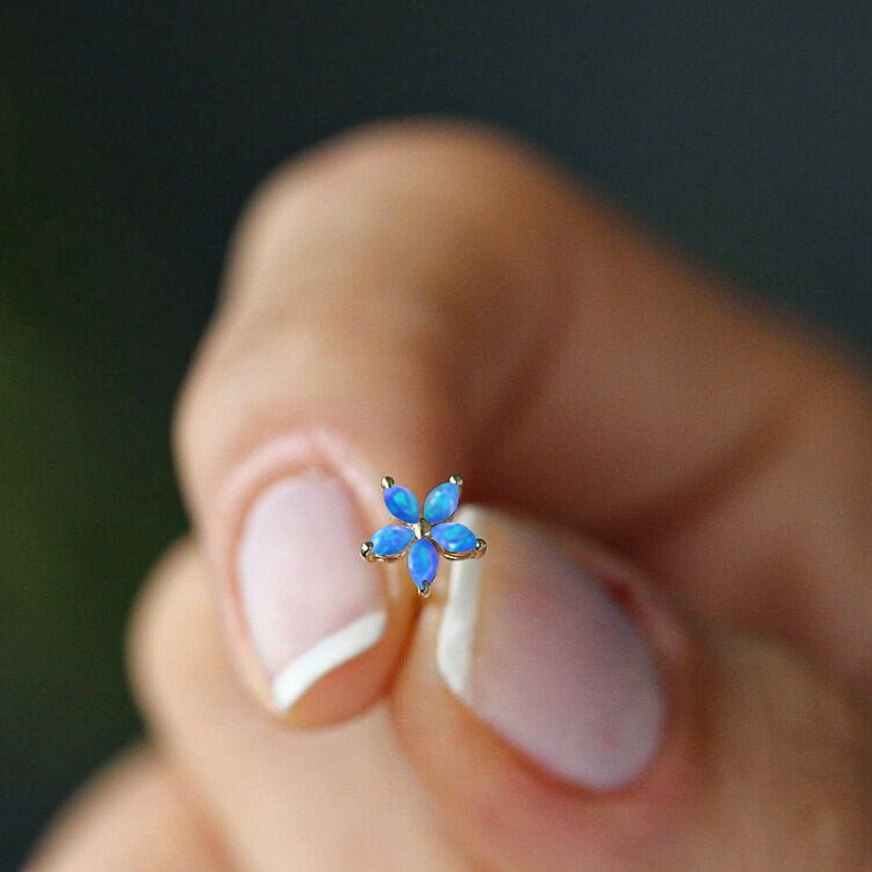 Marquise Tone Natural Blue Opal Flower Stud Earrings - Goodstone Jewels